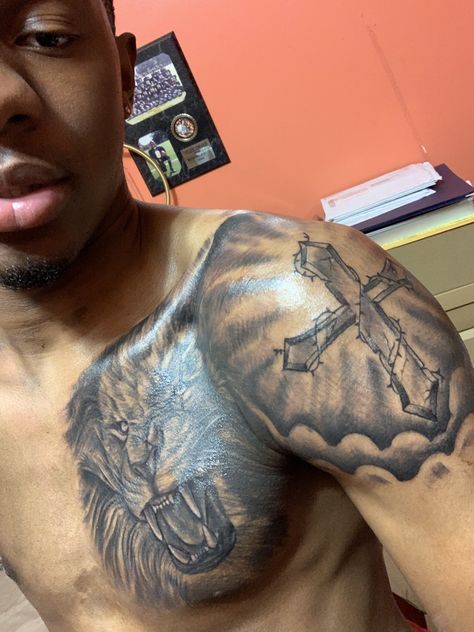 Cross On Shoulder Tattoo For Men, Christian Chest Tattoos For Men, Cross On Shoulder Tattoo, Pec Tattoo Men Ideas, Shoulder Tattoo Designs Men, Cross Tattoos For Men Shoulder, Chest To Arm Tattoo Men, Shoulder Cross Tattoo Men, Christian Arm Tattoo Men