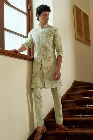 Green Sherwani For Men, Green Sherwani, Indian Wedding Clothes For Men, Wedding Kurta For Men, Placement Embroidery, Mens Sherwani, Sherwani For Men, Kurta Men, Wedding Outfit Men