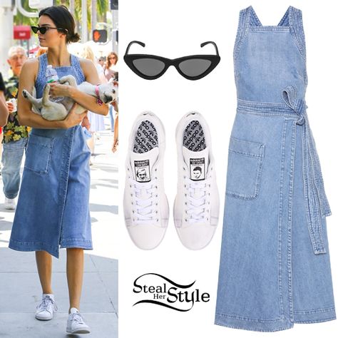 Kendall Jenner was spotted out and about on Father’s Day Sunday in Beverly Hills wearing a Stella McCartney Denim Wrap Apron Dress ($264.00), Le Specs X Adam Selman The Last Lolita Sunglasses ($77.00) and Adidas by Raf Simons Stan Smith Sneakers ($190.00). Denim Dress And Sneakers Outfit, Kendall Jenner White, Kendall Jenner Clothes, Wrap Apron, Style Kendall Jenner, Denim Pinafore Dress, York England, Adam Selman, Looks Jeans