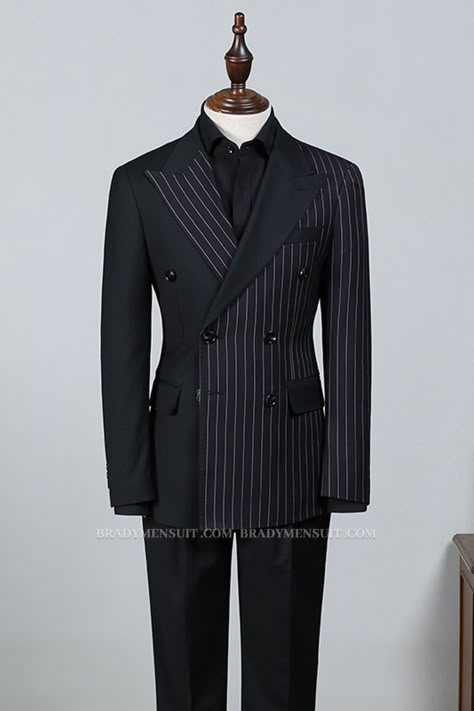 Discover Beacher Formal Black Striped Point Lapel Double Breasted Tailored Business Suit with allabousuit. Shop for a range of Black Peaked Lapel men's suits for every occasion with rush order service in cheap price. Well Tailored Suit, Cool Suits For Men, Business Suit Men, Suit For Men Wedding, Mens Tailored Suits, Hoco Inspo, Stylish Mens Suits, Money Fashion, Suits Prom