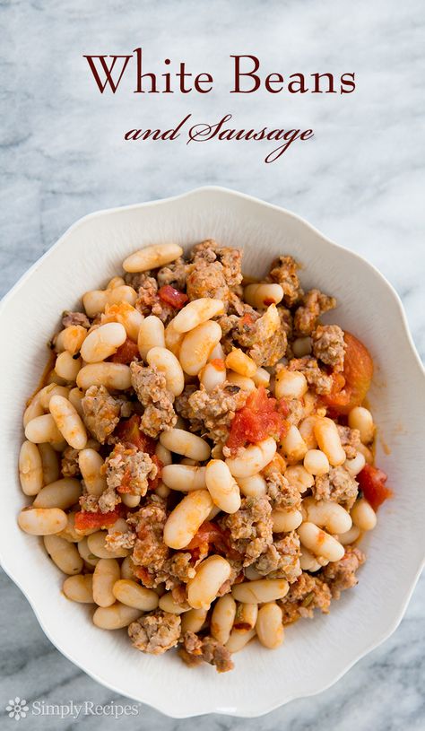 White Beans and Sausage ~ White cannellini beans with Italian sausage in a plum tomato sauce. ~ SimplyRecipes.com White Beans And Sausage Recipe, White Beans And Sausage, Sauce Spaghetti, Beans And Sausage, Sage Sausage, Meal Prep Plans, Sausage Recipe, Sweet Italian Sausage, Cannellini Beans