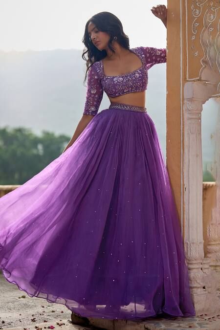 Buy Purple Lehenga Organza Embroidery Aari Square Neck Mukaish Set For Women by Zoon Online at Aza Fashions. Blouse Style For Lehenga, Lehenga Back Neck Design, Aari Work Blouse With Net, Mukaish Embroidery, Purple Lehenga, Ghaghra Choli, Crop Top Lehenga, Simple Lehenga, Organza Lehenga