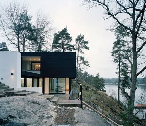 Scandinavian Exterior, Scandinavian Exterior Design, Hillside House, House Design Exterior, Swedish House, Body Of Water, Alvar Aalto, House Projects, Flat Roof