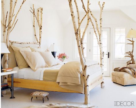 The birch four-poster bed was dreamed up by Diane Cole Ross. I think I'd like this room even better with a cool,  serene color on the walls. Branch Bed, Birch Bed, Takken Decor, Birch Tree Decor, Fun Bedroom, Tree Bed, Whimsical Bedroom, Future Bedroom, Inspired Bedroom