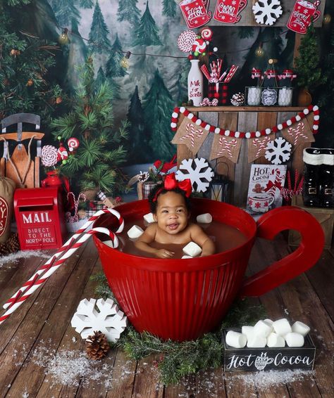 Hot Chocolate Bath Photoshoot, Toddler Christmas Photos, Lens Photography, Newborn Baby Photoshoot, Hot Cocoa Bar, Cocoa Bar, Christmas Set, Pose For The Camera, Chocolate Cups