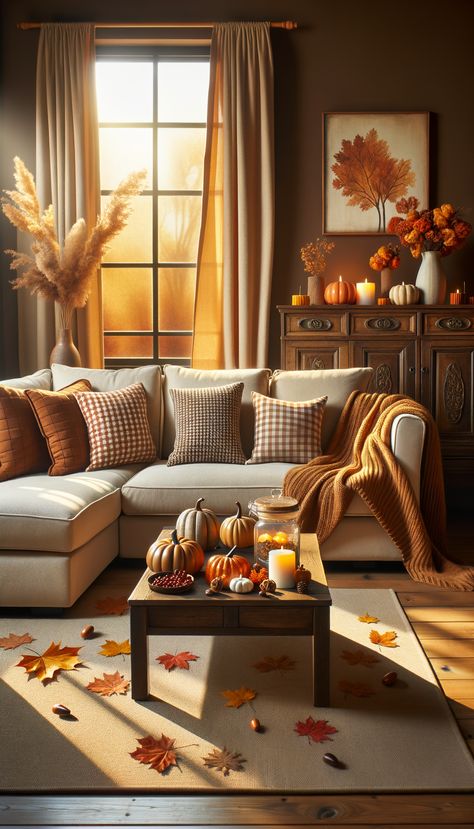 A cozy living room with an autumnal theme. Beige sectional sofa with a throw draped over it. Coffee table decorated with fall accents. Wooden console table with decor. Natural light enhances the room's ambiance. Autumn Lounge Decor, Autumn Colour Living Room Decor, Fall Living Room Ideas, Cozy Fall Living Room, Sectional Sofa Beige, Autumn Living Room, Cozy Ideas, Beige Sectional, Fall Bedroom Decor