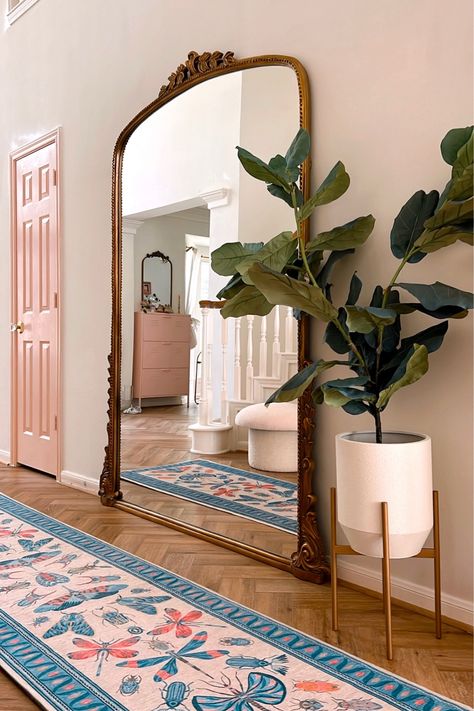 Large Entry Mirror Ideas, Anthropologie Primrose Mirror Entryway, Big Standing Mirror In Living Room, Primrose Mirror Entryway, Anthro Mirror Entryway, Big Gold Mirror Living Room, Floor Mirror Styling, Large Floor Mirror In Bedroom, Entryway Large Mirror