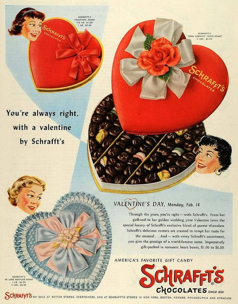 You're always right with a Valentine by Schrafft's (1955). #vintage #Valentines #1950s #chocolates #candy #ads Heart Shaped Boxes, Valentines Day Chocolates, Vintage Valentine Cards, Valentine Chocolate, Retro Advertising, Retro Valentines, Retro Ads, My Funny Valentine, Valentine Candy