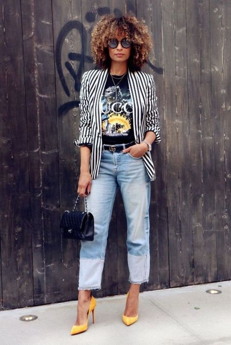 Fest Outfits, Apostolic Fashion, Denim On Denim, Mode Jeans, Mode Casual, Urban Street Style, Looks Street Style, Striped Blazer, 가을 패션