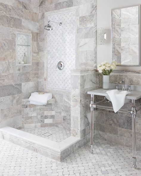 There are a few key elements you can add to any design to ensure it feels elevated, custom, and complete. Today on our story, we're walking you through the best ways to layer trim pieces. Head to the blog for more! Tile Threshold, Grey Travertine, Shower Threshold, Travertine Bathroom, Shower Curb, Travertine Wall Tiles, Marble Showers, Vanity Bathroom, Bathroom Shower Tile