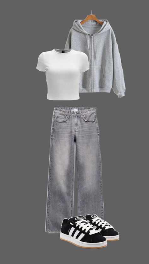 tenue pour la rentrée, top blanc, gilet gris, jean gris, campus !! 😍 Jean Outfits, Outfit Inspo, Denim Outfits