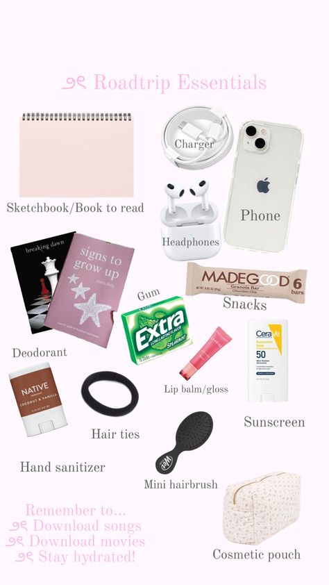 Coquette/Pink/Cute/Whats in my bag/Road trip essentials Trip Essentials Packing Lists, Road Trip Necessities, Sleepover Essentials, Road Trip Bag, Road Trip Kit, School Backpack Essentials, Packing Essentials List, Carry On Essentials, Travel Packing Checklist