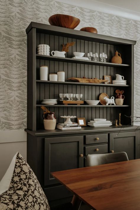 Rust Colored Hutch, How To Style A Dining Room Hutch, Hutch Ideas Decorating, Hutches In Dining Rooms, Dining Room Cabinet Styling, Decorate Hutch Ideas, Dining Room Hutches, Dining Room Timeless, Dining Room Hutch Styling