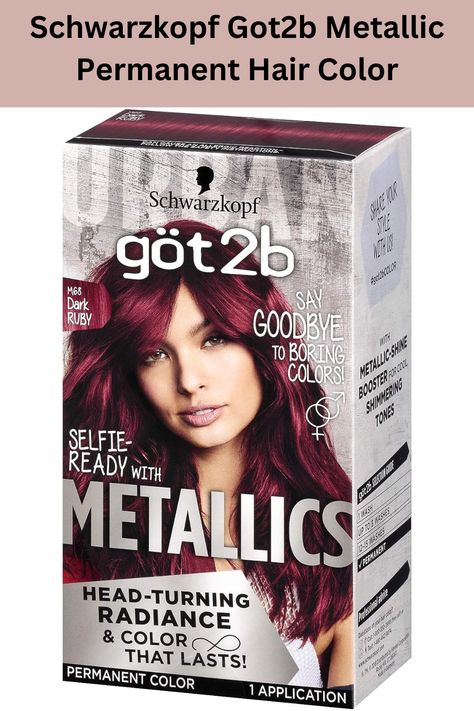 Transform your locks with Schwarzkopf Got2b Metallics Permanent Hair Color in the stunning shade of M68 Dark Ruby. Achieve a bold and radiant look that's sure to turn heads. This long-lasting hair color provides intense, vibrant results while nourishing and protecting your hair. Say goodbye to dull hair and hello to a dazzling, dark ruby hue that will make a statement. Get ready to shine with Schwarzkopf Got2b Metallics! Got2b Metallics, Metallic Hair Color, Magenta Hair Colors, Hair Caramel, Schwarzkopf Hair Color, Schwarzkopf Got2b, Dyed Red Hair, Total Beauty, Hair Color Auburn