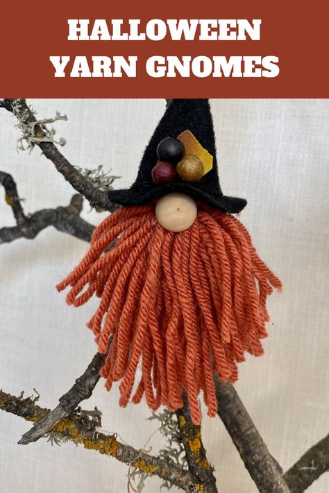 Halloween yarn gnomes.  Yarn gnome witches in fall colors.  Gnomes made with yarn and felt hats for a cute DIY Halloween decoration. Halloween Crafts With Yarn, Witch Garland Diy, Halloween Yarn Garland, Yarn Halloween Crafts, Halloween Yarn Crafts, Fall Ornaments Diy, Halloween Gnomes Diy How To Make, Diy Halloween Ornaments, Fall Gnomes Diy How To Make