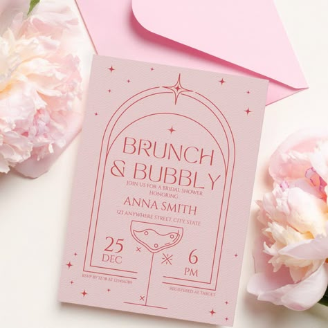 Brunch & Bubbly Retro Pink Red Bridal Shower Invitation Brunch Pink Theme, Bridal Shower Stationary, Invitation Event Design, Brunch And Bubbly Bridal Shower Decor, Brunch Party Invitations, Event Invite Design, Pink Party Invitations, Brunch And Bubbly Invitations, Pink Bridal Shower Ideas