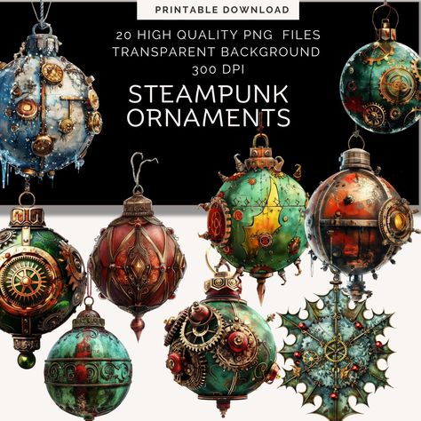 Add a touch of elegance to your holiday decor with our Steampunk Christmas Ornament. This unique ornament combines the intricate and vintage style of steampunk aesthetics with traditional holiday charm. Perfect for those looking for distinctive Christmas ornaments, this digital download offers high-quality Christmas graphics that can be used in various creative projects. Whether you want to embellish your Christmas tree with eye-catching baubles or enhance your holiday clipart collection, this s Steampunk Christmas Tree Ornaments, Steampunk Christmas Decorations, Christmas Ornaments Crafts, Steampunk Tree, Steampunk Christmas Tree, Steampunk Diy Crafts, Fantasy Winter, Ornament Clipart, Steampunk Christmas