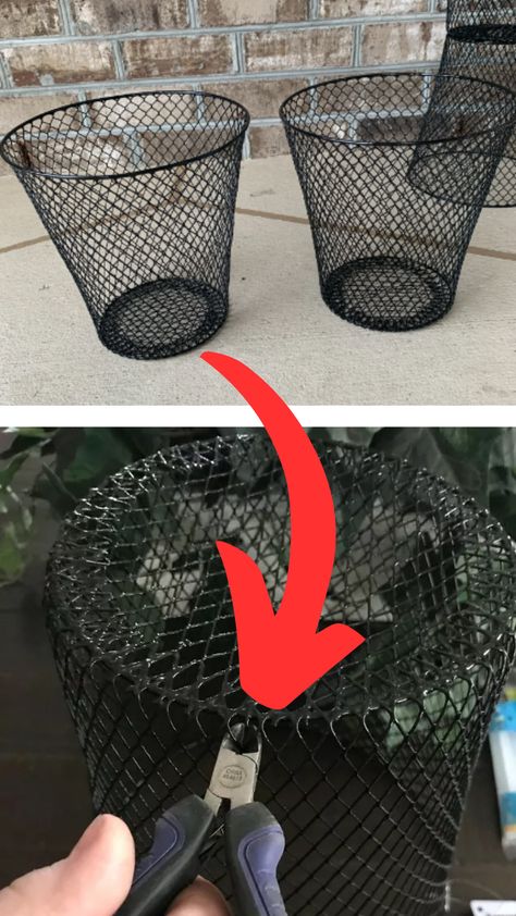 Wire Trash Can Ideas, Dollar Tree Trash Can Ideas, Dollar Tree Laundry Basket Diy, Dollar Tree Wire Basket Diy Crafts, Wire Cloche Diy, Dollar Tree Planters Ideas, Wire Cloche, Dollar Tree Baskets, Dollar Store Bins