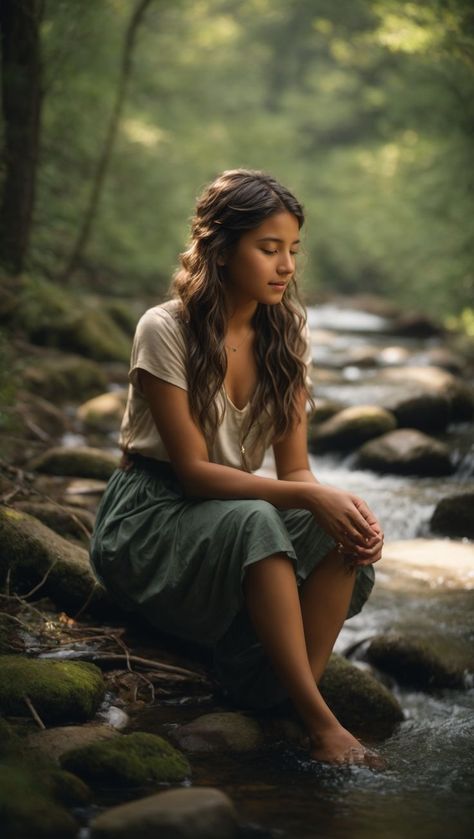 Beautiful and Lonely Girl by a Tranquil Forest River Waterfall Pictures, Lush Forest, Body Art Photography, Nature Photoshoot, Lonely Girl, Branding Photoshoot Inspiration, Beautiful Red Hair, Summer Photoshoot, Face Photography