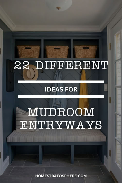 A mudroom entryway with a deep blue built-in bench and coat hooks, accented with a striped cushion and wicker storage baskets. Mud Room Diy Cheap, Entry Closet Ideas Entryway, Drop Zone Corner, Small Mudroom Cubbies, Living Room Mudroom Entryway, Doorway Bench Entryway, Back Door Drop Zone, Recessed Coat Rack Entry Ways, Entrance Coat Rack And Bench