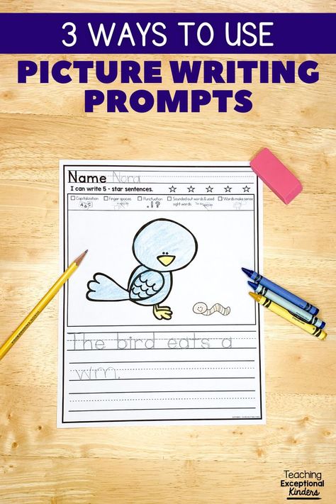 A bird picture writing prompt Writing Sentences Kindergarten, Beginning Writing Activities, Sentences Kindergarten, Writing Center Kindergarten, Sentence Writing Activities, Kindergarten Writing Activities, Writing Complete Sentences, Fun Writing Prompts, Picture Writing