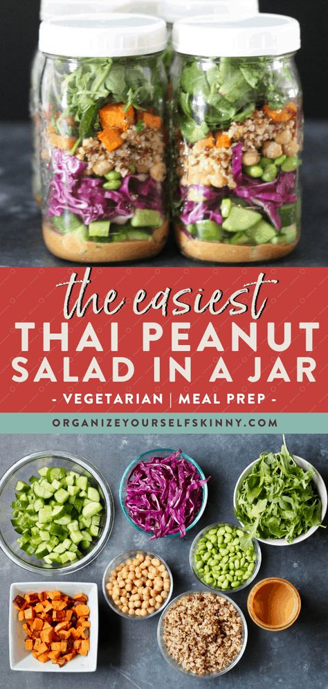 Pesto Mason Jar Salad, Salad In Jar, Edamame Quinoa, Thai Peanut Dressing, Thai Peanut Salad, Mason Jar Meal Prep, Mason Jar Lunch, Salad Jar Recipe, Peanut Salad