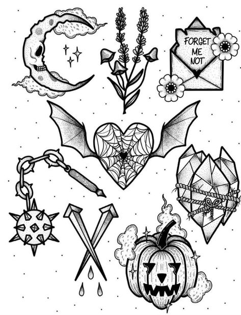 Alternative Flash Tattoo, Old Fashion Tattoos Vintage, Flash Halloween Tattoo, Neotraditional Tattoo Flash Sheet, Witch Flash Tattoo, Mythical Creature Tattoo, Halloween Flash Art, Moon Flash Tattoo, Flash Art Tattoos For Women