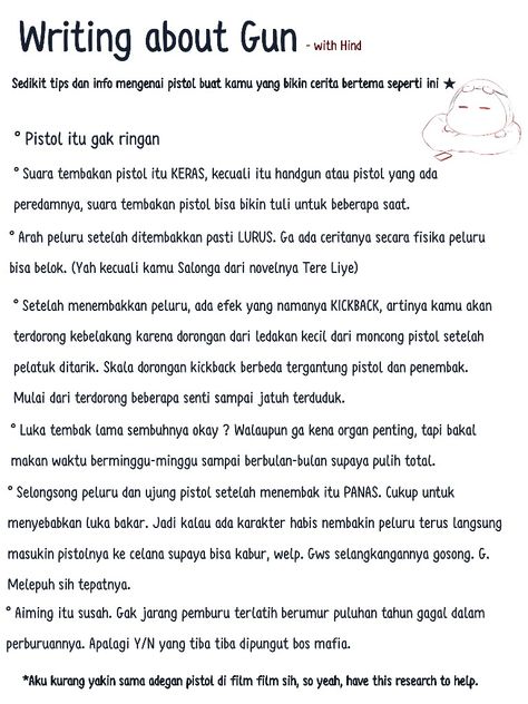 Tips untuk menulis cerita yang ada pistol didalamnya untuk kepenulisan kreatif 
Tips about writing gun Write Novel, Novel Tips, Menulis Novel, 30 Day Writing Challenge, Novel Wattpad, Writing Dialogue Prompts, I Am A Writer, Dialogue Prompts, Writing Dialogue