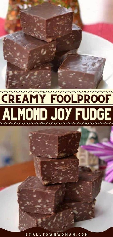 Love all things creamy and chocolate? Say hello to your new favorite Christmas dessert! This Christmas recipe is foolproof. With just 5 ingredients, you can have this Almond Joy Fudge with very little effort. So easy! Almond Joy Candy Recipe, Almond Joy Fudge, Almond Bark Fudge, Fall Fudge Recipes, School Deserts, Creamy Fudge Recipes, Almond Joy Fudge Recipe, Almond Fudge Recipe, Holiday Fudge Recipes