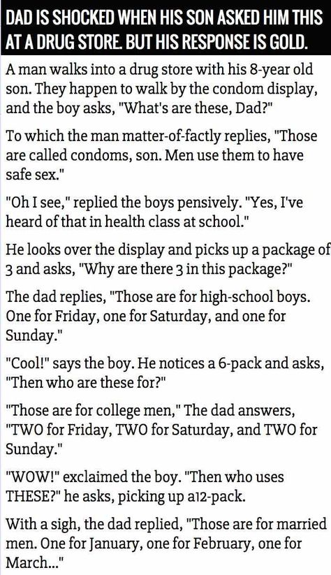 Dad Is Shocked When His Son Asked About Condoms At A Drug Store But His Response Is Gold funny quotes quote jokes story lol funny quote funny quotes funny sayings joke humor stories marriage humor Funny Quotes About Marriage, Humor Stories, Quotes About Marriage, Gold Pictures, Funny Tumblr Stories, Joke Stories, Super Funny Quotes, Marriage Humor, Short Humor