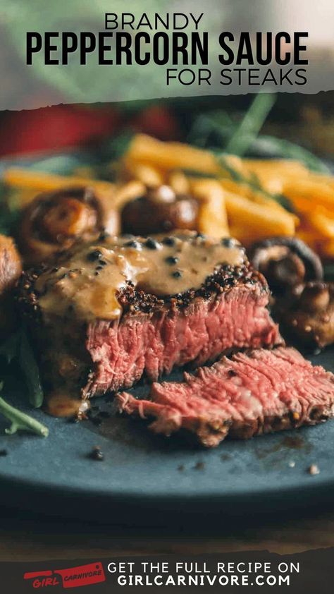 This savory peppercorn sauce is perfect for filets or other lean steaks that benefit from a mouthwatering sauce. It's quick and easy to make. This is the perfect creamy steak sauce to serve for an elevated date night dinner! Save this delicious recipe! Creamy Steak Sauce, Peppercorn Sauce For Steak, Creamy Steak, Peppercorn Sauce Recipe, Pan Seared Filet Mignon, Peppercorn Steak, Sauce For Steak, Brandy Sauce, Mignon Steak