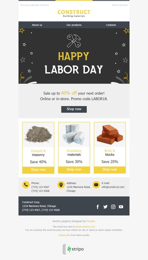 Labor Day Email Template Nice Present for Construction industry B2b Email Marketing, Email Marketing Templates, Free Email Templates, Html Email Design, Brick Material, Holiday Emails, Email Template Design, Responsive Email, Email Newsletter Template