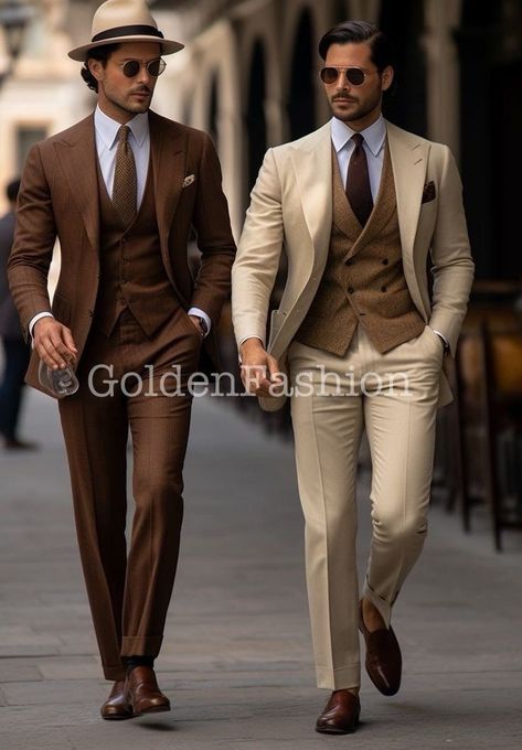 This is a Classy 3 Piece Suit by  GoldenFashionStore /crafted from high quality fabric and imported materials. Our products are handcrafted by experienced tailors who make sure the that the stitching is precise, lining is proper and the overall product is sturdy enough to not go out of shape for more than a few years. Also all our products have extra margins in their length, sleeves, sides so it's easily alterable if your size changes after some time. To see more available colours and designs in Men Suit For Wedding Groom, Wedding Brown Suits Men, Textured Wedding Suit, 3 Piece Suit For Groom, Rustic Wedding Tuxedo, New Wedding Dresses For Men, Beige Colour Suit For Men, Old School Groomsmen Attire, Beige 3 Piece Suit Men