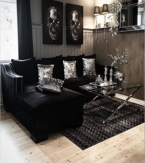 Gothic Living Room Ideas, Goth Living Room, Black Sofa Living Room Decor, Black Sofa Living Room, Gothic Living Room, Black Furniture Living Room, White Living Room Decor, Dark Living Rooms, White Furniture Living Room