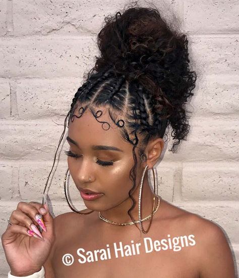 Curly Hair Braided Updo, Corn Row Curly Hair, Braided Curly Updo Black Women, Braids Back Of Head, Front Braid Hairstyles Curly Hair, Braided Updo Curly Hair, Curly Hair Braid Styles, Curly Braided Ponytail, Natural Hair Braided Updo