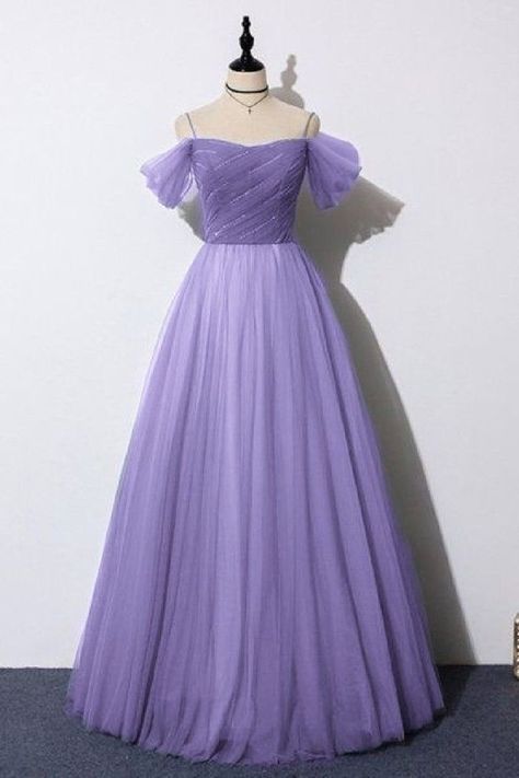 A Line Purple Prom Dress, Purple Simple Gown, Ball Gowns Prom Purple, Tulle Purple Dress, Purple Aesthetic Prom Dress, Pink Prom Dress Flowy, Purple Simple Dress, Purple Gown Aesthetic, Purple Prom Dress Aesthetic