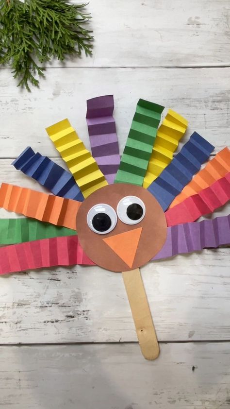 Crimped turkey puppet craft! #Thanksgiving #turkeycraft | Kids Craft Barn | Scott Dugdale · Workday Turkey Clothespin Craft, November School Crafts, Clothes Pin Turkey, Thanksgiving Craft For Kids Easy, Turkey Puppet Craft, Apple Turkey Craft For Kids, November Crafts For Elementary Kids, November Preschool Crafts Art Projects, November Craft Ideas For Toddlers