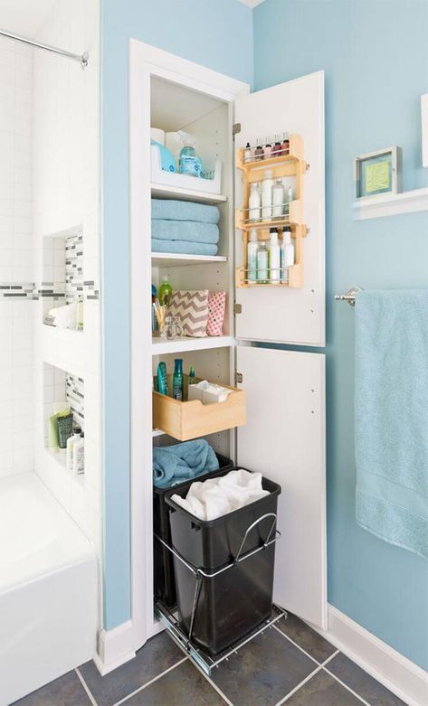 25 Best Built-in Bathroom Shelf and Storage Ideas for 2019 Bathroom Linen Closet, Top Bathroom Design, Small Bathroom Organization, Bathroom Closet, Small Remodel, Small Bathroom Storage, Bathroom Storage Organization, Closet Makeover, Room Closet