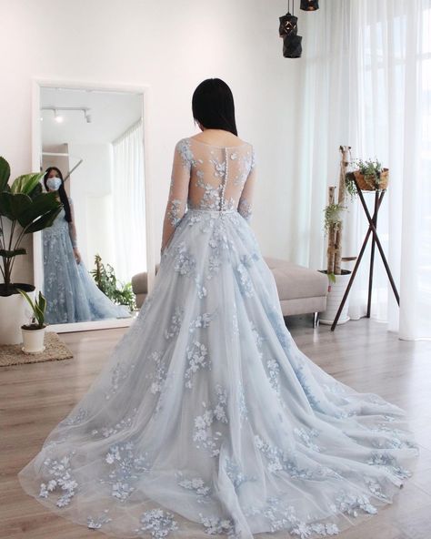 Bride Adelynn had a special request - she wanted a dusty blue gown. We designed this piece with premium laces in floral motifs. We had the… | Instagram Dusty Blue Gown, Blue Lace Wedding Dress, Blue Wedding Gowns, Gatsby Wedding, Blue Wedding Dresses, Blue Gown, The Colour, Floral Motifs, Blue Wedding