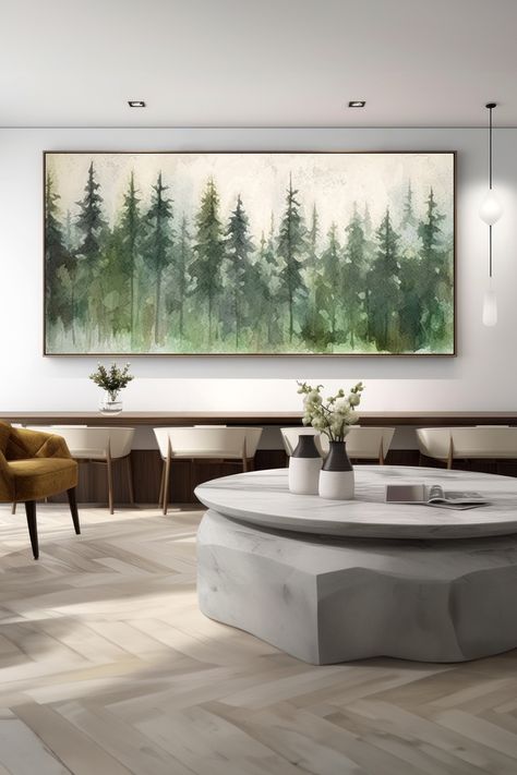 Original handmade forest landscape painting with misty green pine trees on canvas, creating a serene atmosphere Misty Pine Forest, Forest Landscape Painting, Surreal Scenes, Earthy Green, Green Palette, Forest Painting, Handmade Wall Art, Forest Landscape, Pine Forest