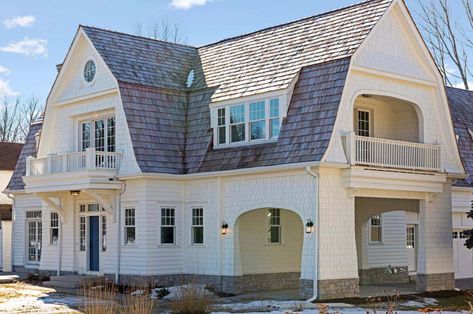 Beautiful dutch gambrel shingle-style lake cottage in Minnesota Dutch Colonial Exterior, Gambrel House, Dutch Colonial Homes, Gambrel Style, Torch Lake, Gambrel Roof, Shingle Style Homes, Colonial Exterior, Porte Cochere