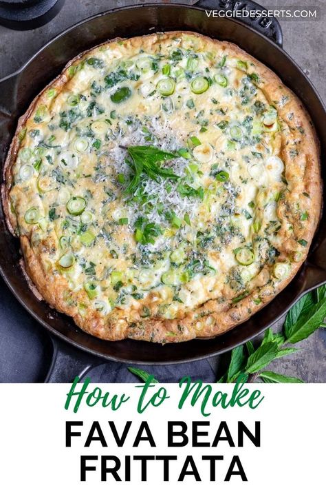 Table with a skillet of fava bean frittata. Broad Bean Recipes, Fava Beans Recipes, Fava Bean, Vegetarian Recipes Lunch, Csa Recipes, Vegetarian Soup Recipes, Bean Soup Recipes, Vegetarian Sandwich, Broad Bean