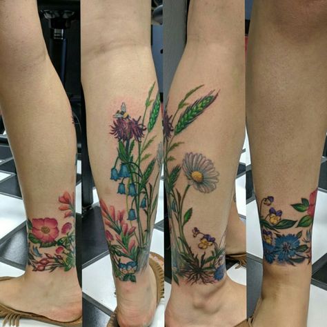 brittsink | Wildflower leg calf piece cover up color flower tattoo | Tattoodo Colored Ankle Tattoo, Colored Leg Sleeve Tattoo Women, Flower Leg Tattoos Women Color, Flower Garden Tattoo Ankle, Calf Piece Tattoo, Wildflower Tattoo Ankle Wrap, Garden Ankle Tattoo, Flower Leg Tattoos Women Calves, Ankle Garden Tattoo