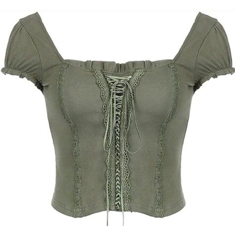 This Micas Short Sleeve Crop Top Is Perfect For Any Occasion, Whether You're Traveling, Going To A Party, Or Just Dressing Casually. The Top Features A Square Neckline And Cap Sleeves, With A Pullover Closure For Easy Wear. It Is Made Of A Lightweight And Breathable Spandex And Cotton Knit Fabric, Which Makes It Ideal For Summer. The Green Fairy Top Is Adorned With A Beautiful Bow And Lace Trim, Adding A Touch Of Elegance To The Blouse. The Top Is Available In Size Medium And Has A Regular Fit. Korean 90s, Preppy Grunge, Chique Outfit, Moda Cyberpunk, Y2k Outfit Ideas, How To Fold Sleeves, Vintage Preppy, Moda Punk, Corset Crop Top