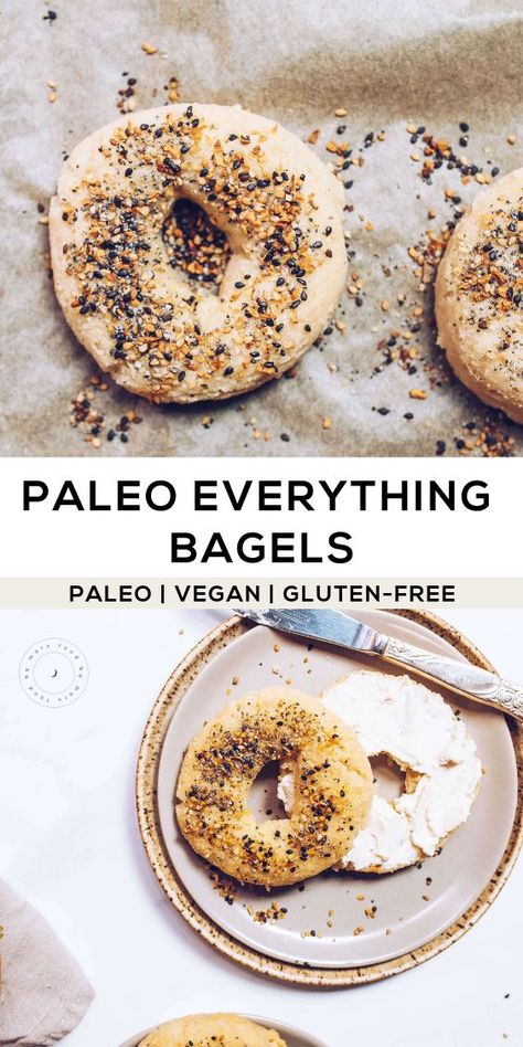 These delicious, hand-rolled, boiled and baked everything bagels will be a fun and DELICIOUS weekend project. Enjoy this with any topping you love. This holds up well in the fridge to eat up all week!  #paleo #aip #bagelrecipe #paleorecipes #aiprecipes #v Vegan Bagels, Vegan Bagel, Paleo Menu, Everything Bagels, Gluten Free Bagels, Paleo Recipes Breakfast, Paleo Bread, Paleo Baking, Bagel Recipe