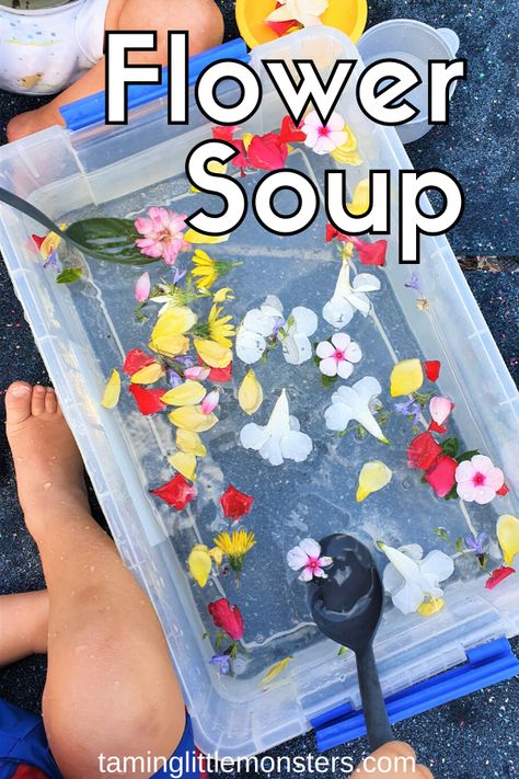 Outdoor Water Sensory Bin, Toddler Spring Sensory Bin, April Sensory Activities, Garden Curriculum Preschool, Garden Sensory Bin For Toddlers, Garden Themed Sensory Bin, Spring Activity Ideas, Outside Sensory Bins, Spring Play Ideas