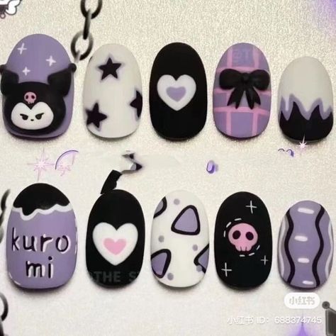 Easy Kuromi Nails, Kuromi Nails For Kids, Kuromi Nails Acrylic Short, Sanrio Nail Art Kuromi, Kuromi Nails Short Simple, Kuromi Nails Simple, Kuromi Nail Designs, Sanrio Nail Designs, Kuromi Nails Short