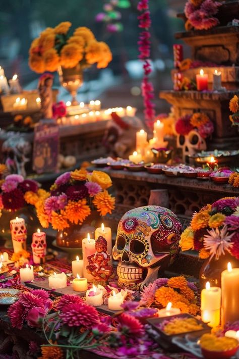 "Embrace the beauty of Día de los Muertos in Mexico! 💀🌼 Honor loved ones with colorful altars, traditional food, and festive parades. 🎨🌟 #DiaDeLosMuertos #DayOfTheDead #MexicanTraditions" Marigold Halloween Decor, Ofrenda At Wedding, Ofrenda For Wedding, Fall In Mexico, Dia De Los Muertos Porch Ideas, Day Of The Dead Ofrenda Altars, Mexican Ofrenda Ideas, Modern Ofrenda, Dia De Los Muertos Decorations Ideas Party