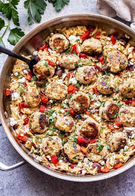 Greek Meatballs and Orzo Skillet Meatballs And Orzo, Orzo Skillet, Greek Orzo Salad, Greek Meatballs, Orzo Recipes, Greek Flavors, Orzo Pasta, Giada De Laurentiis, Low Sodium Chicken Broth