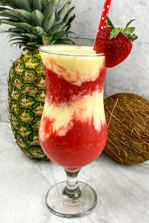 Miami Vice Drink Recipe, Miami Vice Drink, Frozen Mixed Drinks, Frozen Strawberry Daiquiri, Frozen Drinks Alcohol, Frozen Pina Colada, Frozen Drink Recipes, Frozen Cocktail Recipes, Frozen Drink